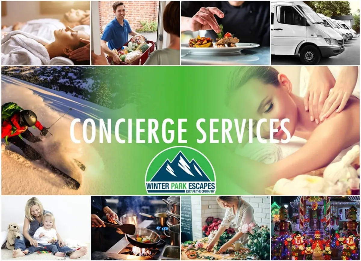 A stylish interior features a 'concierge services' title and images of luxurious activities such as skiing, spa treatments, family gatherings, and fine dining. The mood is inviting and upscale, with a clear emphasis on elevated guest experiences and personalized services.