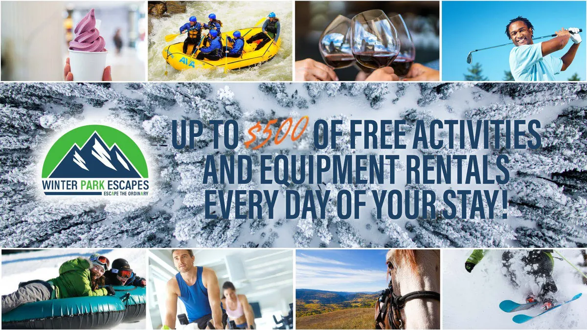 A vibrant interior collage highlights a variety of activities and amenities available to guests, including snow activities like skiing and snowboarding, rafting, golfing, fine dining, and horseback riding. The images evoke a sense of adventure and luxury, suggesting the diverse free activities offered with each reservation.