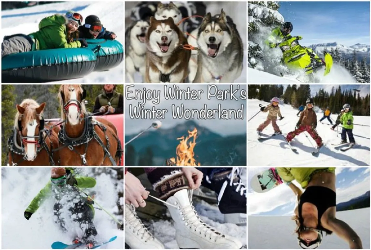 A dynamic collage of outdoor winter adventures, including people snow tubing, huskies pulling a sled, a snowmobile zipping down a snowy slope, kids skiing, and a cozy campfire scene. The image also features a close-up of winter sports gear, immersing the viewer in the excitement of mountain sports and activities.