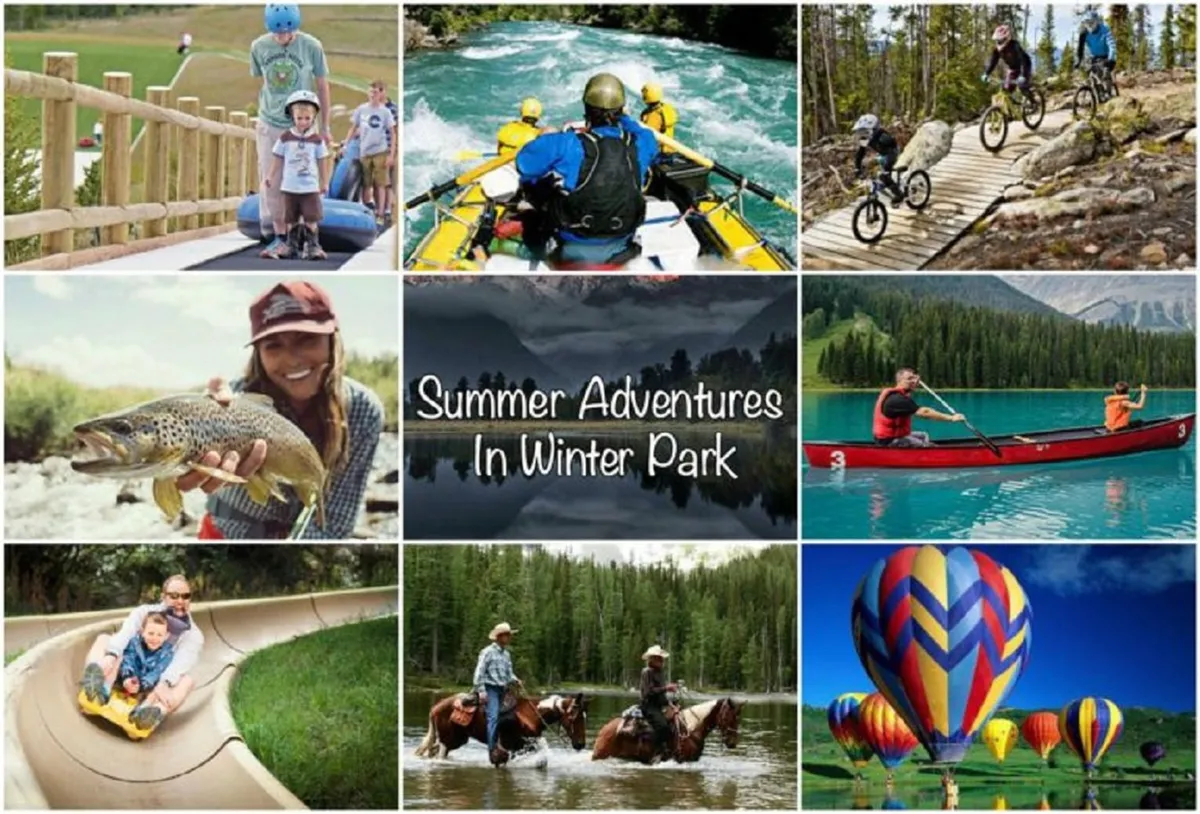 This dynamic exterior image features families engaged in a range of outdoor activities such as rafting, biking, fishing, kayaking, horseback riding, and even hot air ballooning. The colorful hot air balloons and scenes of children playing on slides evoke a sense of adventure and year-round excitement.